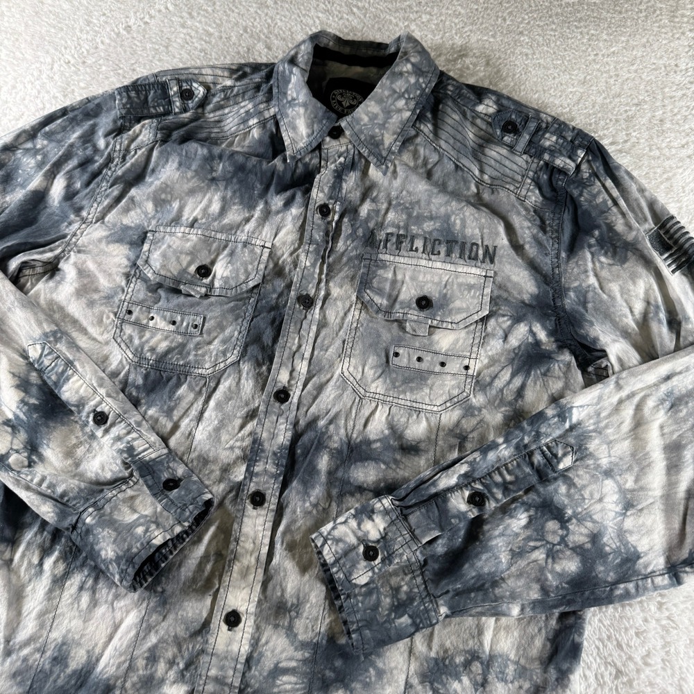 Affliction Gray Premium Shirt Mens L Button Up Long Sleeve Embroidered Y2K Clean